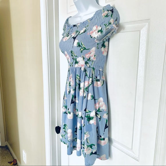 Sky Blue and Blush Pink Flowers Cotton Mini Dress Women’s Sz L - Picture 6 of 10